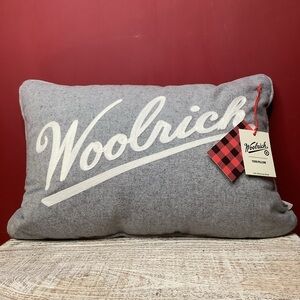 Woolrich Gray Logo Script Throw Pillow with Cream Lettering